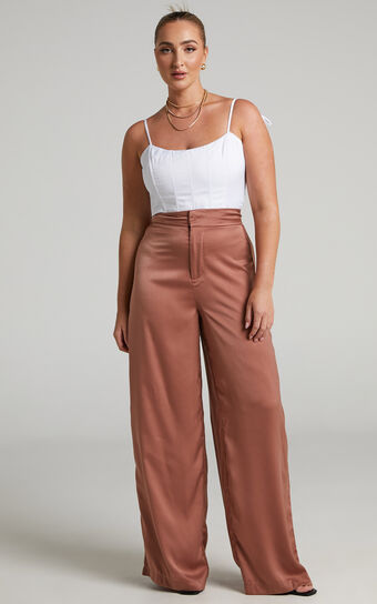 Reika High Waisted Satin Wide Leg Pants in Pink Clay