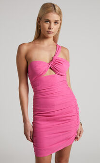 Mayson Mini Dress - One Shoulder Ruched Bodycon Dress in Pink