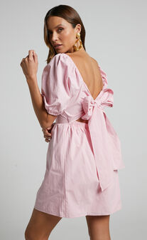 Branson Short Puff Sleeve Tie Back Mini Dress in Pink