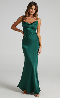 Lunaria Cowl Mermaid Maxi Slip Dress in Emerald Satin