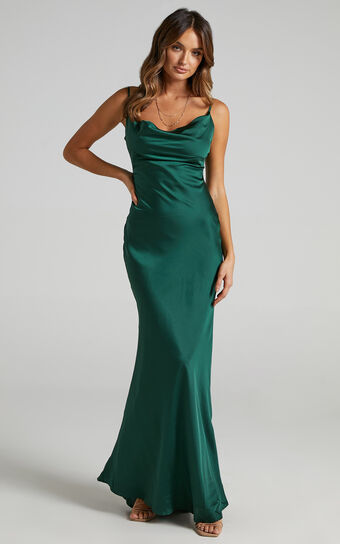 Lunaria Midaxi Dress - Cowl Mermaid Slip Dress in Emerald Satin