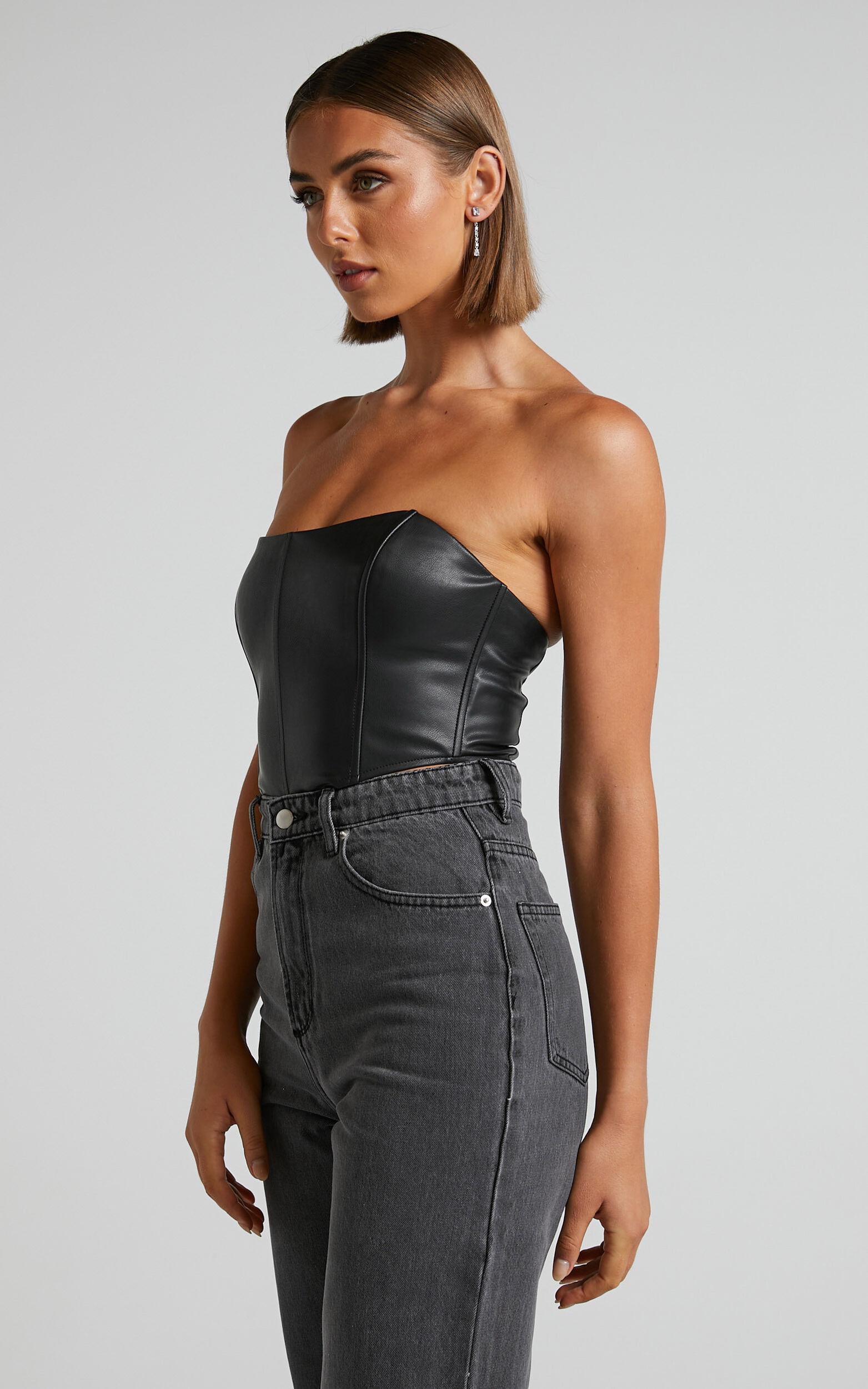 Faux Leather Corset Mini Dress in Black, 6