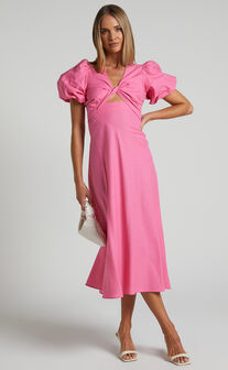 Kalilah Midi Dress - Twist Front Cut Out Puff Sleeve Dress in Pink