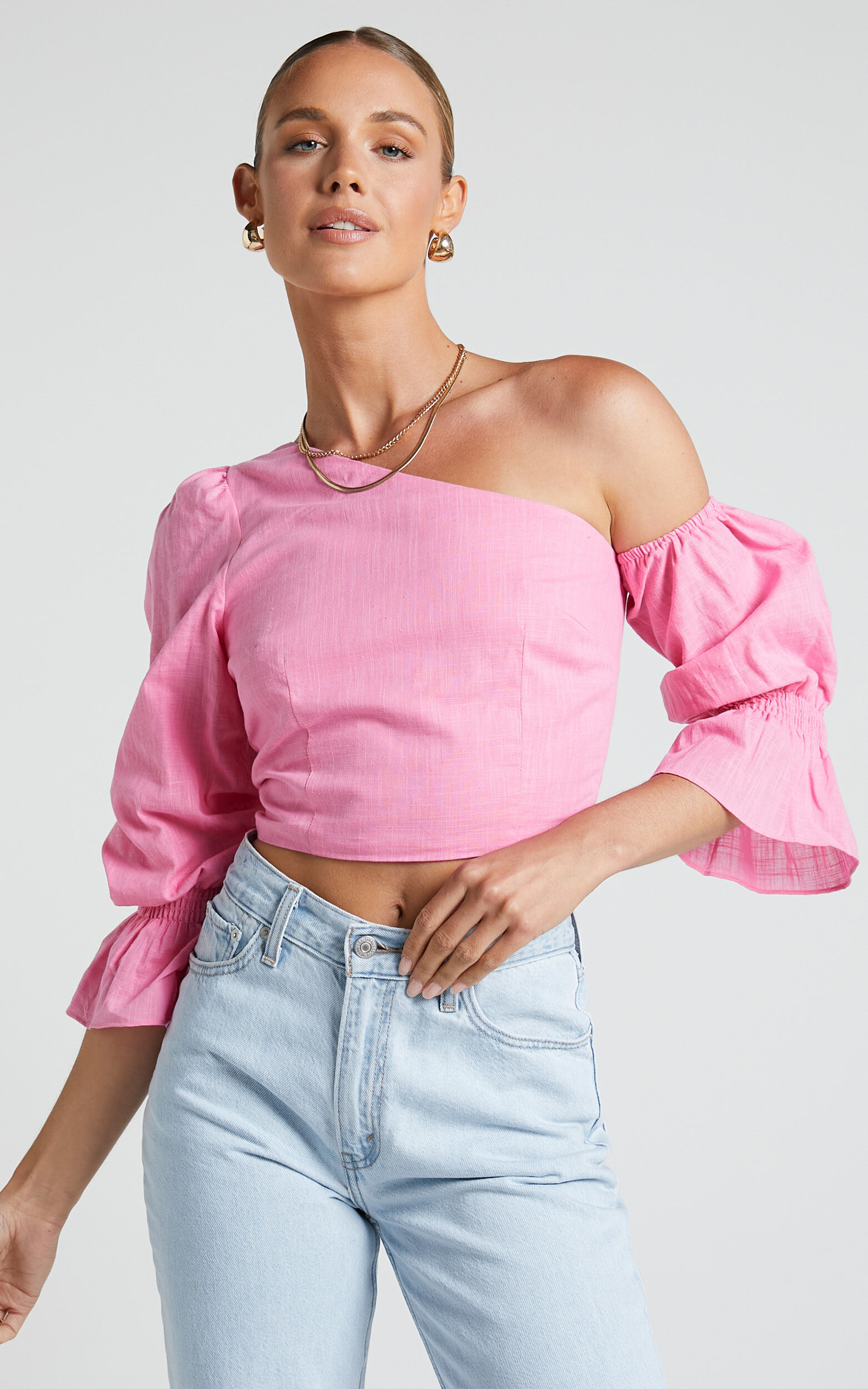 Iveta Top - Off One Shoulder Frill Puff Sleeve Top in Pink - 04, PNK1, super-hi-res image number null