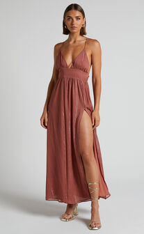 Indiana Gathered Plunge Maxi Dress in Dusty Rose