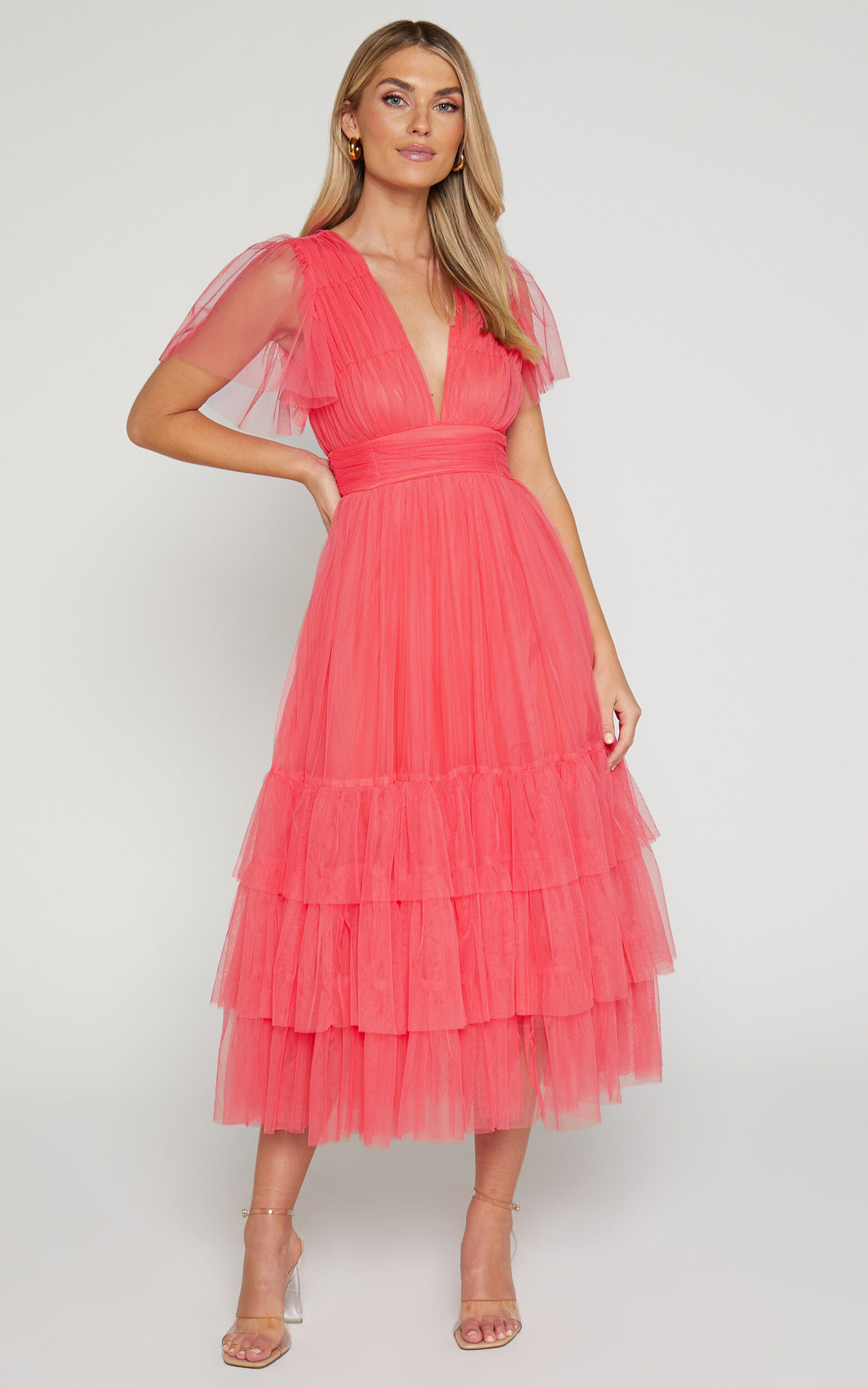 Jiraye Midi Dress - Flutter Sleeve Tuelle Plunge Dress in Coral ...