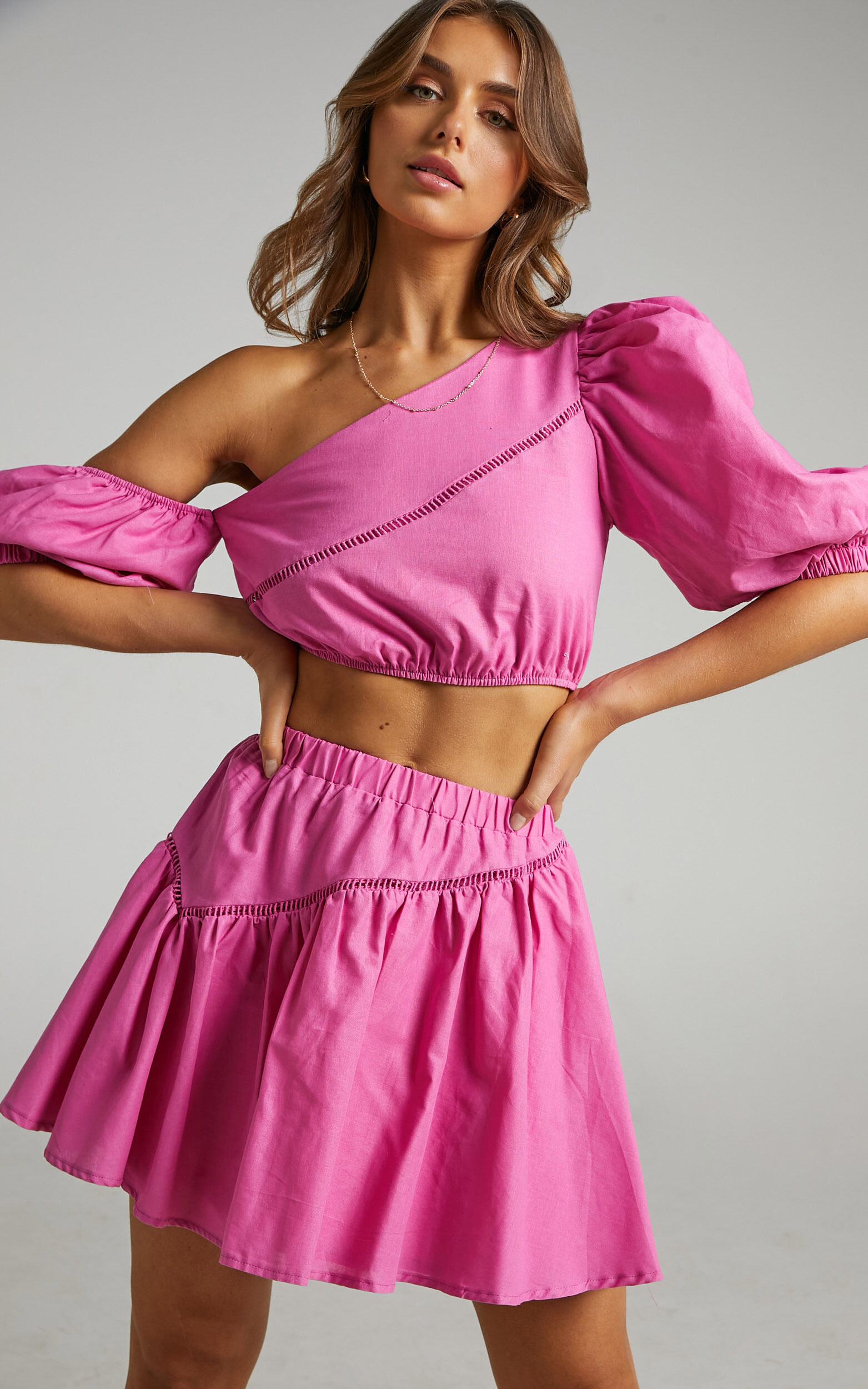 Berlyn off shoulder puff sleeve two piece set in Pink - 12, PNK1, super-hi-res image number null