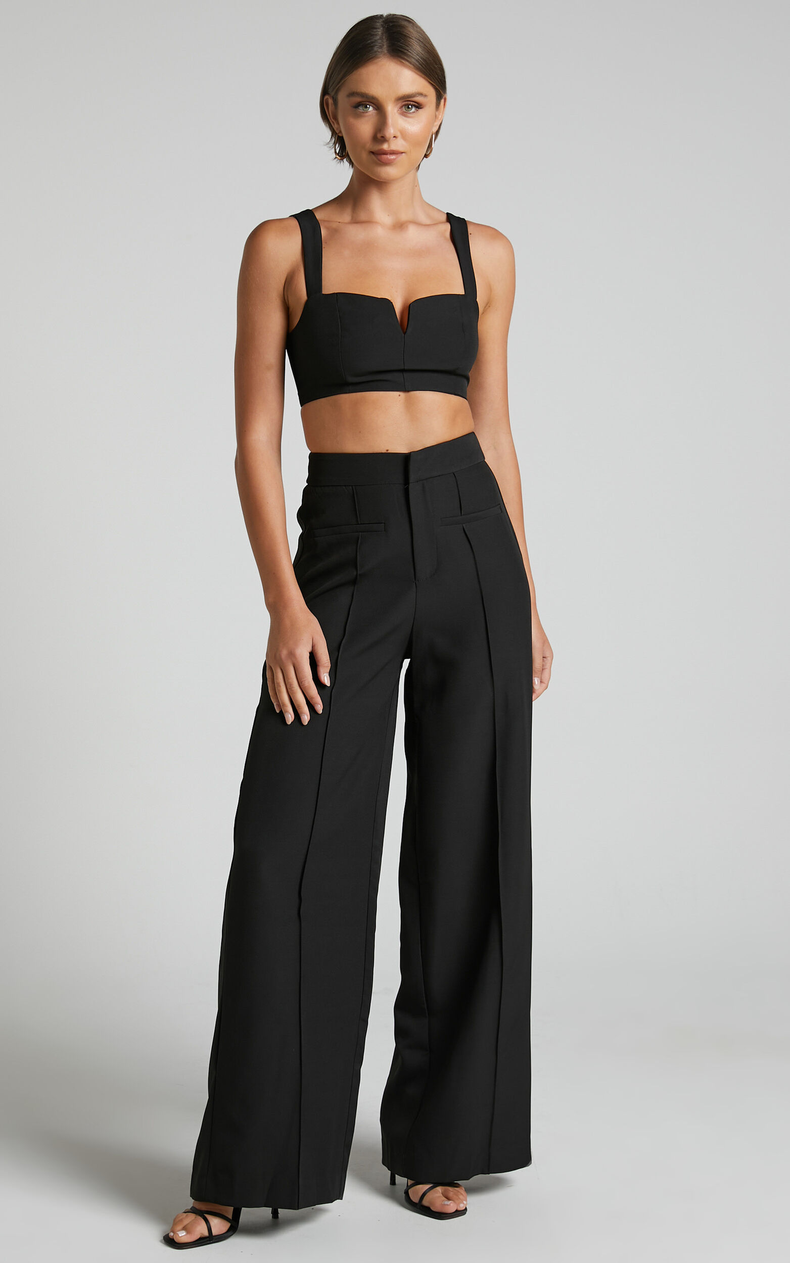 Maida Two Piece Set - V Front Crop Top and Wide Leg Pants Set in Black ...