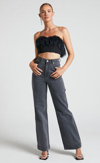 Rhaiza Top - Faux Feather Trim Strapless Sweetheart Crop Top in Black