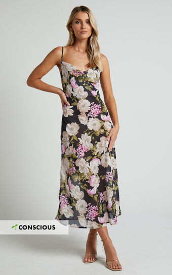 Dylan Midi Dress - Cowl Neck Dress in Midnight Floral