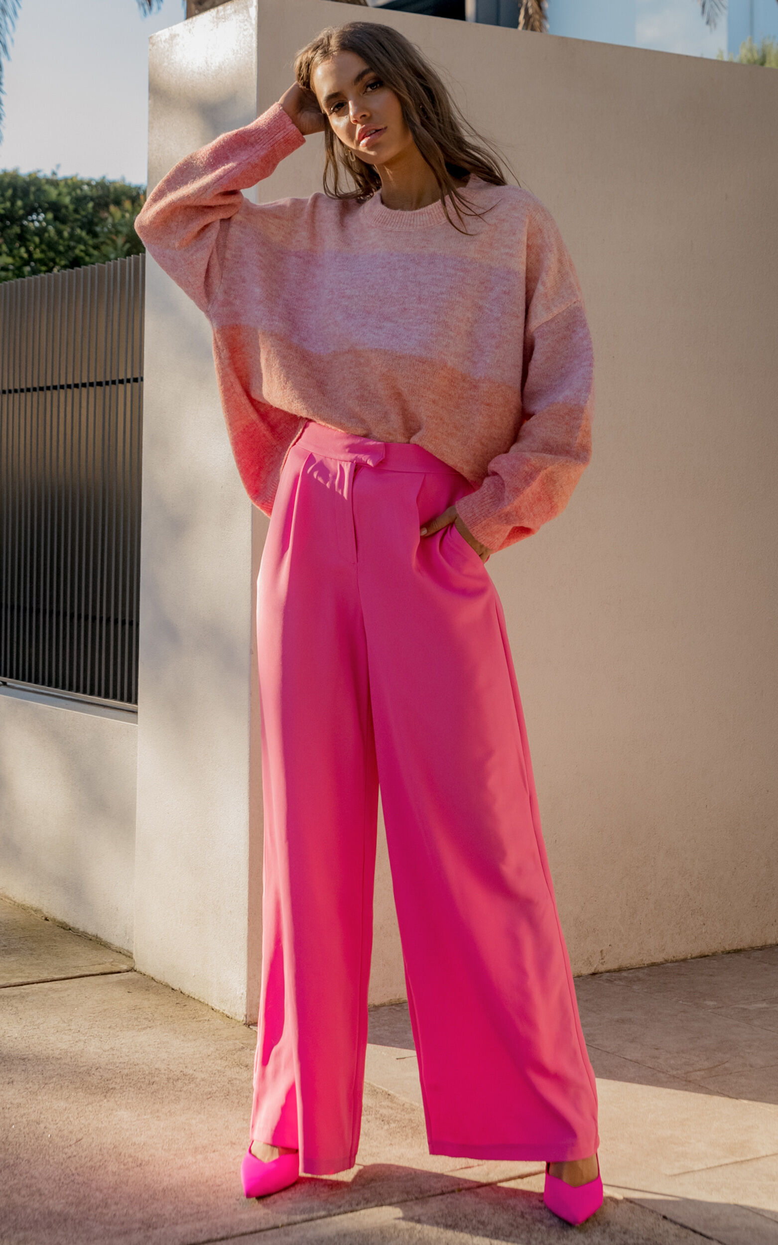 Round and round Memory work Caroline High Waisted Tailored Pants in Hot Pink | Showpo USA