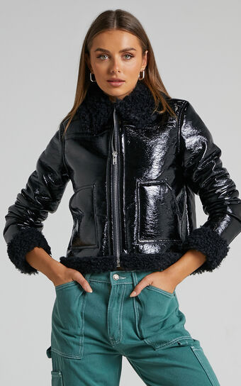 Kobe Jacket - Patent Faux Fur Leather Shearling Jacket in Black