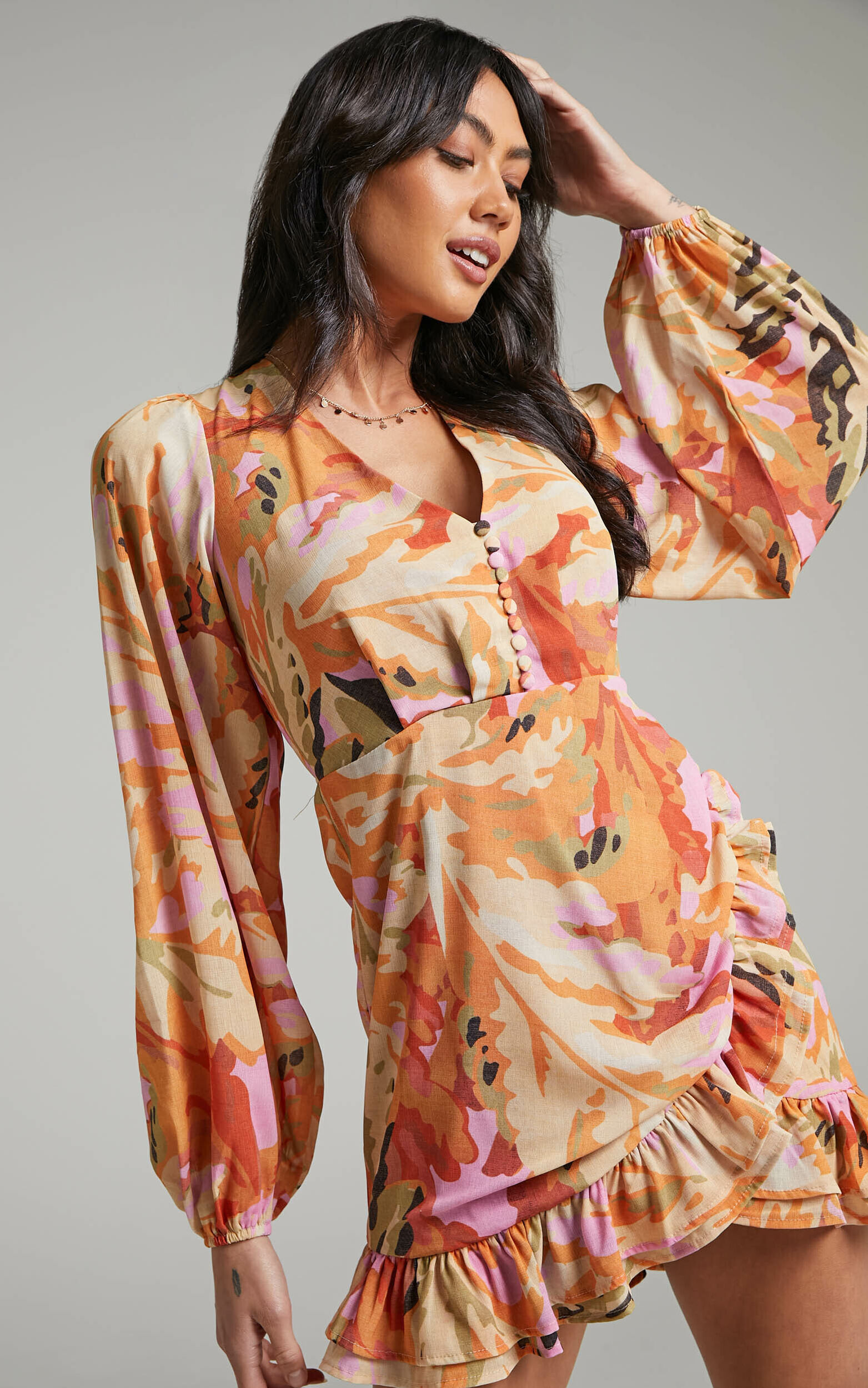 Andire Long Sleeve Frilled Hem Wrap Dress in Abstract Palm - 04, ORG1