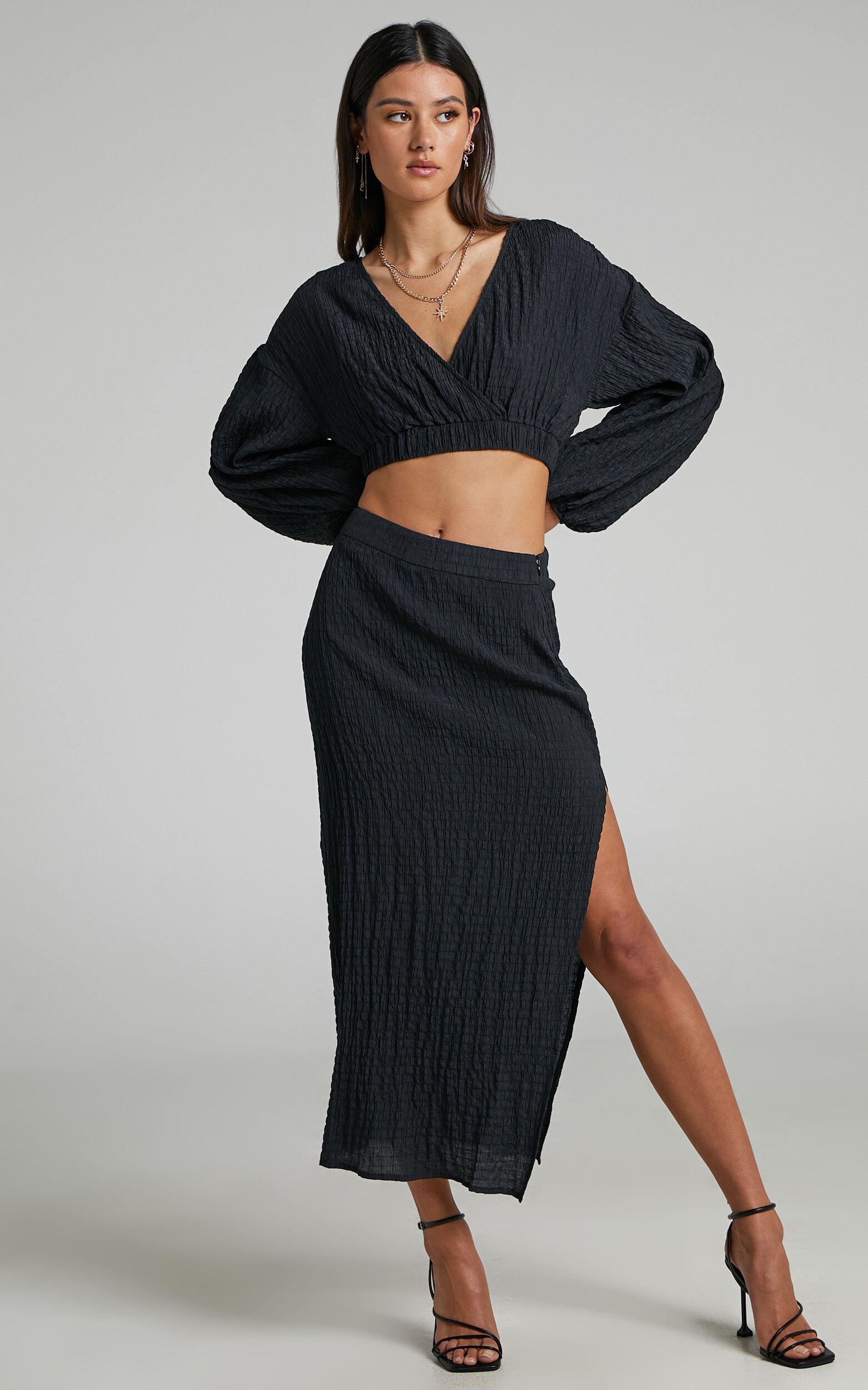 Lawson Long Sleeve Crop Top and Side Split Midi Skirt Two Piece Set in Black - 06, BLK1, super-hi-res image number null