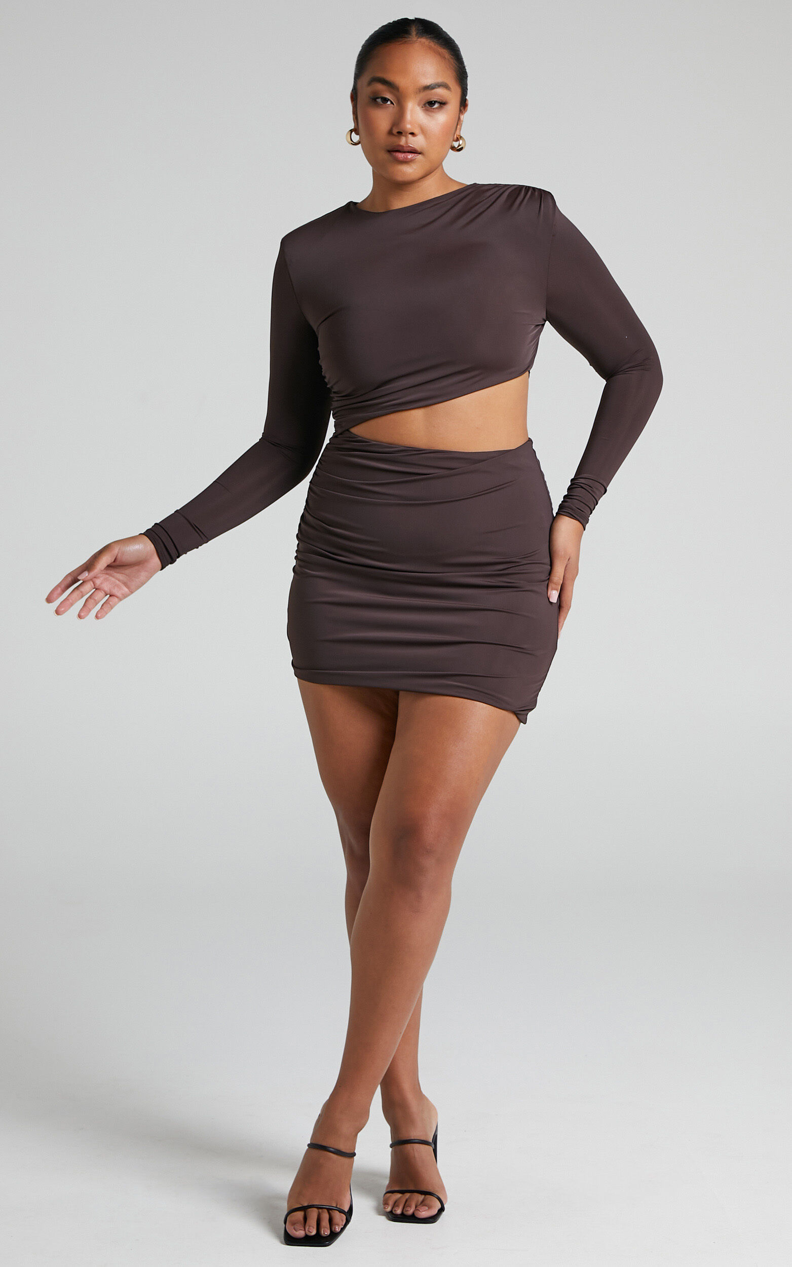 Xandrie Ruched Shoulder Pad Bodycon Mini Dress in Chocolate - 06, BRN1, super-hi-res image number null