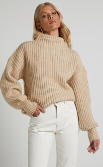 Tramay drop shoulder high neck knit jumper in Oatmeal