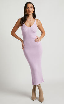Mahala Midi Dress - V Neck Side Split Knit Dress in Lilac