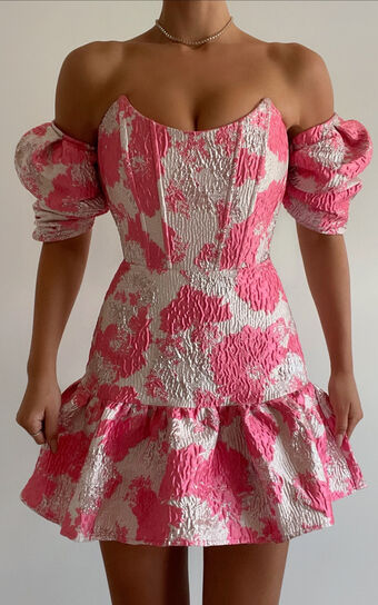 Brailey Mini Dress - Off Shoulder Corset Ruffle Hem Dress in Light Pink