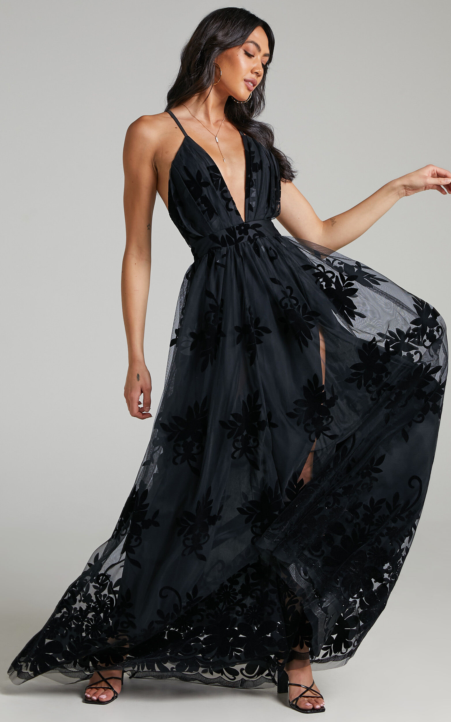 Marissa Velvet Applique Tulle Plunge Maxi Dress in Black - 04, BLK1, super-hi-res image number null