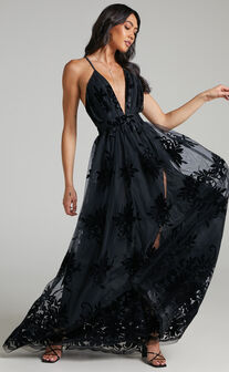Marissa Velvet Applique Tulle Plunge Maxi Dress in Black