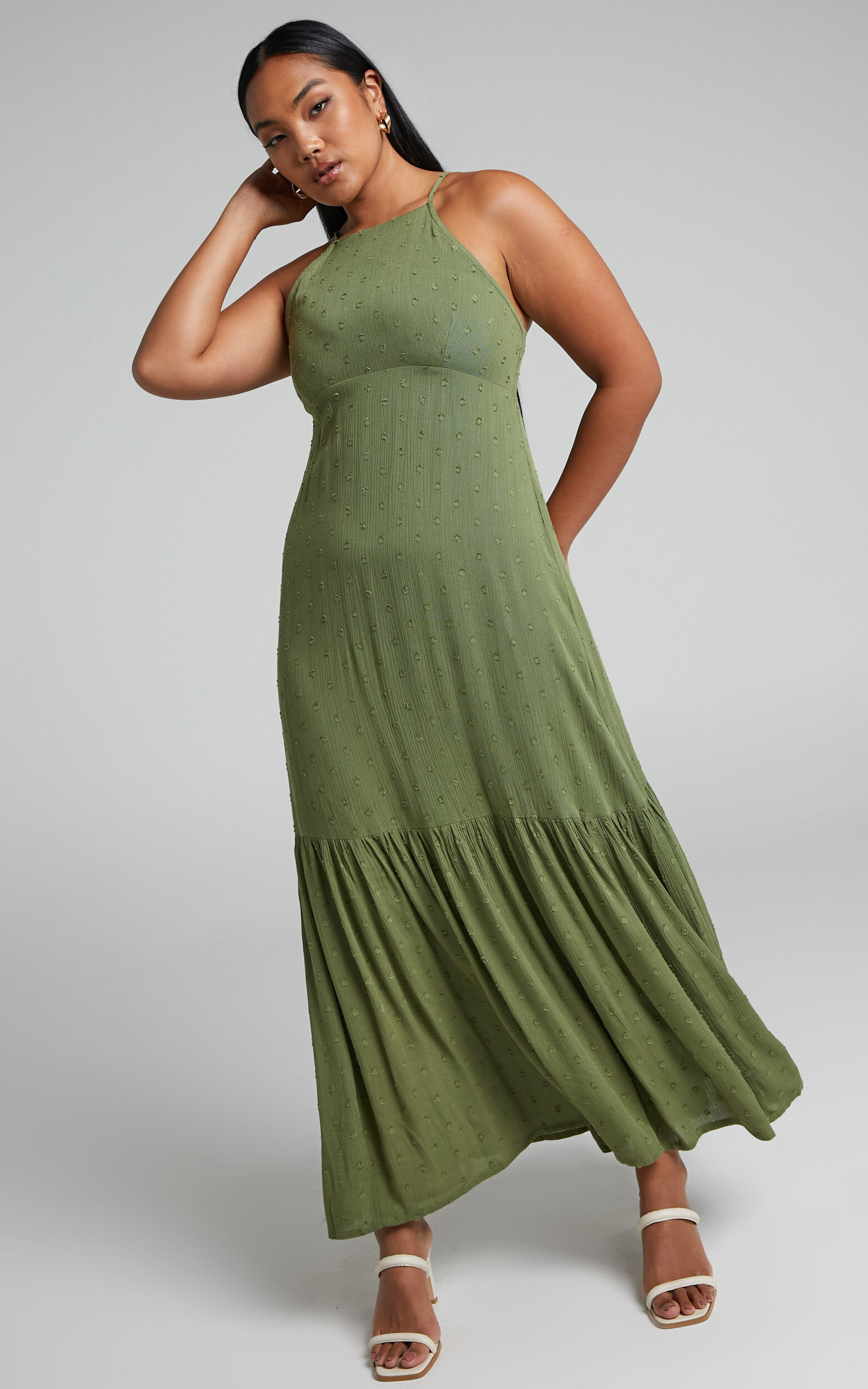 Cariele Strappy Tiered Dotted Maxi Dress in Olive - 06, GRN1, super-hi-res image number null