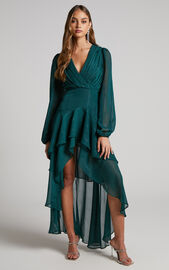 Claudita Maxi Dress - Long Sleeve High Low Hem Dress in Emerald ...