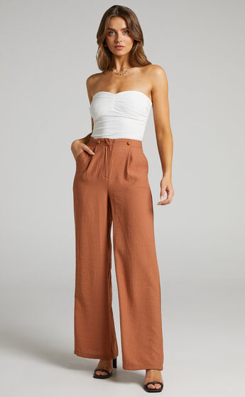 Nathan Double Button Pleated Wide Leg Pant in Brown Linen