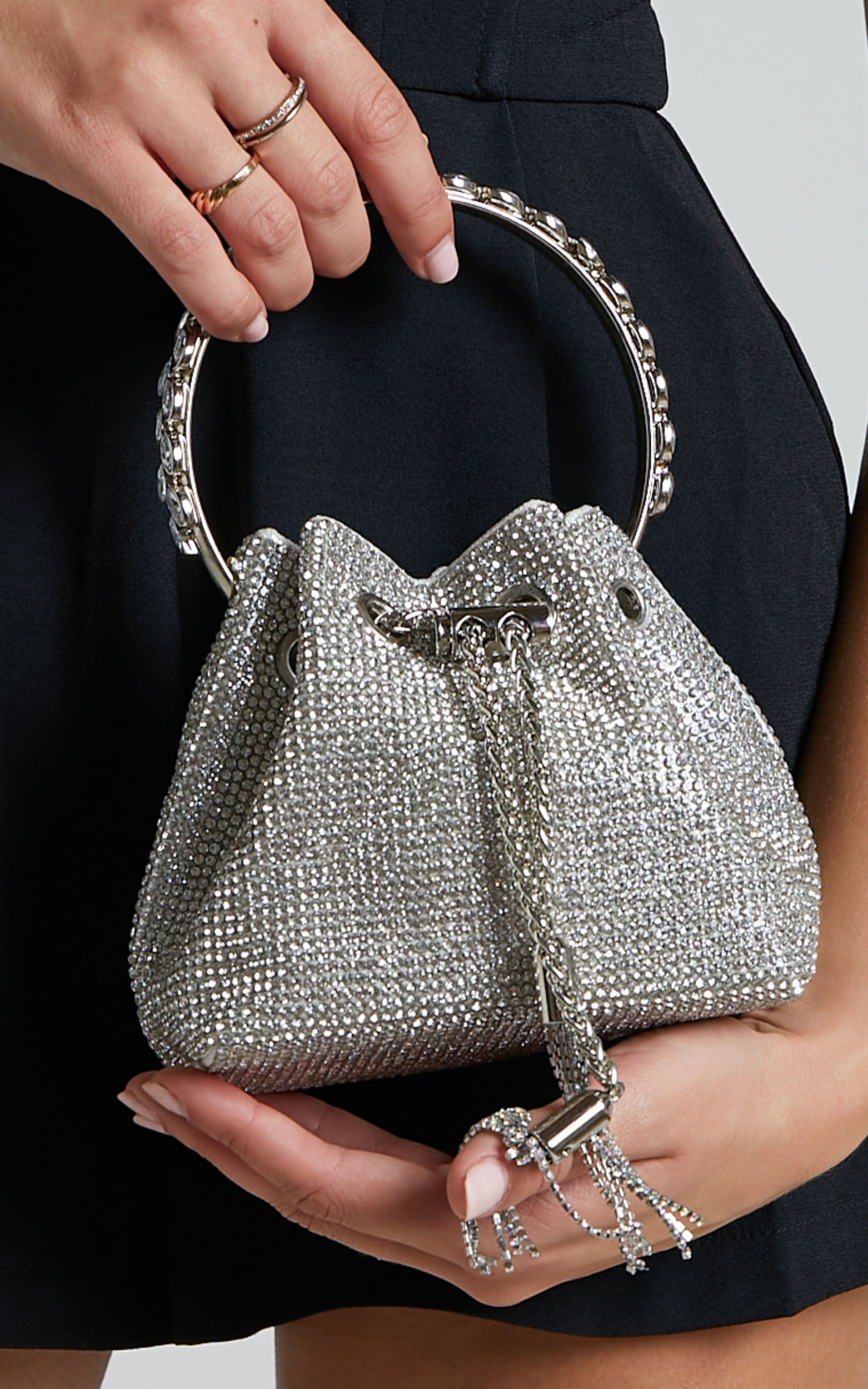 Ramielyn Bag - Diamante Ring Handle Bucket Bag in Silver Diamante - NoSize, SLV1, super-hi-res image number null