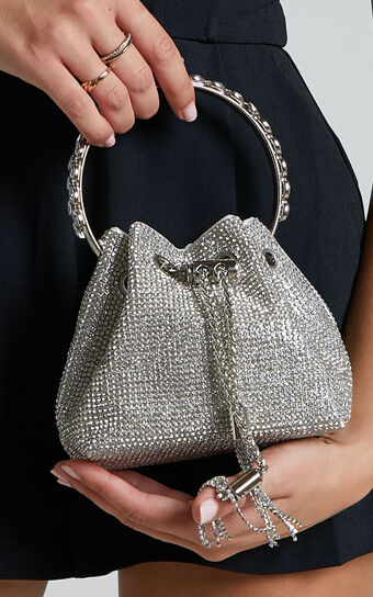 Ramielyn Bag - Diamante Ring Handle Bucket Bag in Silver Diamante
