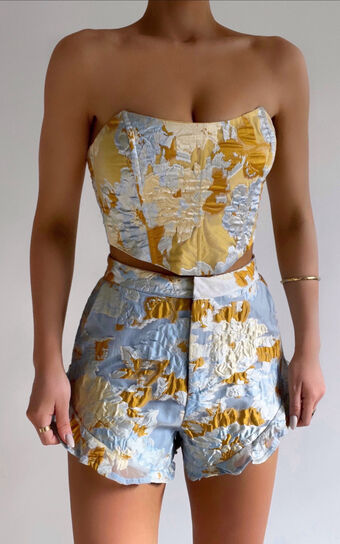 Brailey Bustier Top in Blue & Yellow Jacquard
