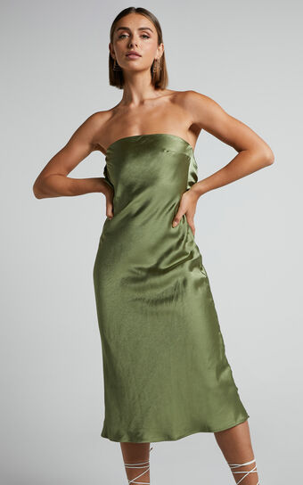 Charlita Midi Dress - Strapless Cowl Back Dress in Olive