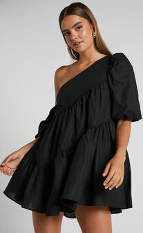 Harleen Mini Dress - Asymmetrical Trim Puff Sleeve Dress in Black
