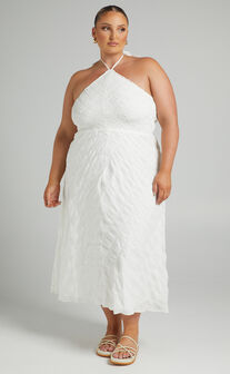 Amor Diamond Halter Shirred Bodice Midi Dress in White