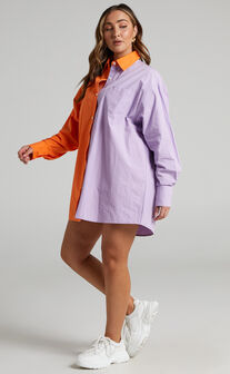 Roewe Colour Block Oversized Button Up Shirt in Orange & Lilac