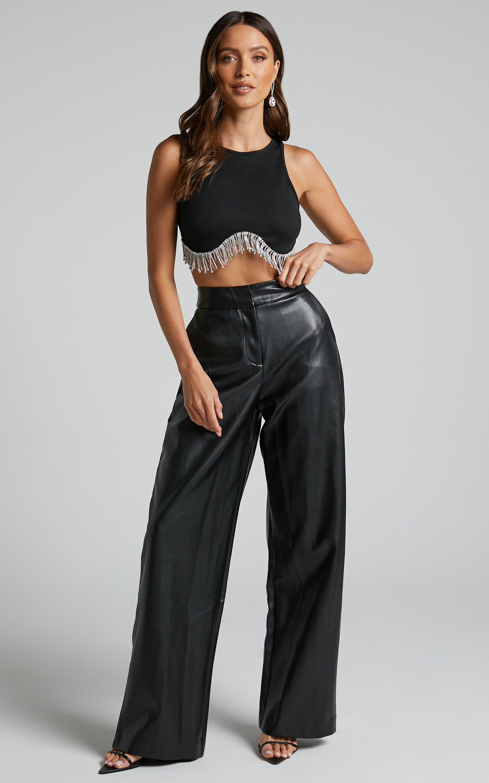 Minx - High Waisted Faux Leather Wide Leg Trousers in Black - 04, BLK1, super-hi-res image number null