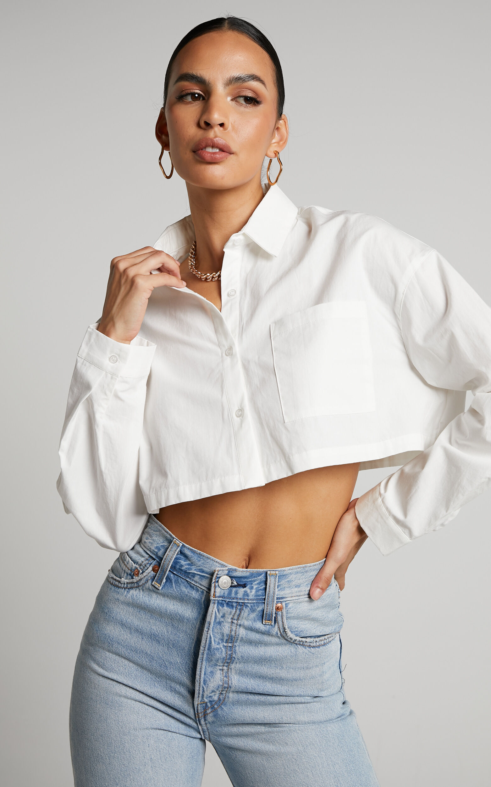 Elenina Top - Button Up Cropped Shirt in White - 06, WHT1, super-hi-res image number null