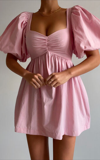 Vashti Mini Dress - Puff Sleeve Sweetheart Dress in Light Pink