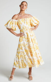 Xandria Maxi Dress - Puff Sleeve Square Neck Tiered Dress in Yellow Floral
