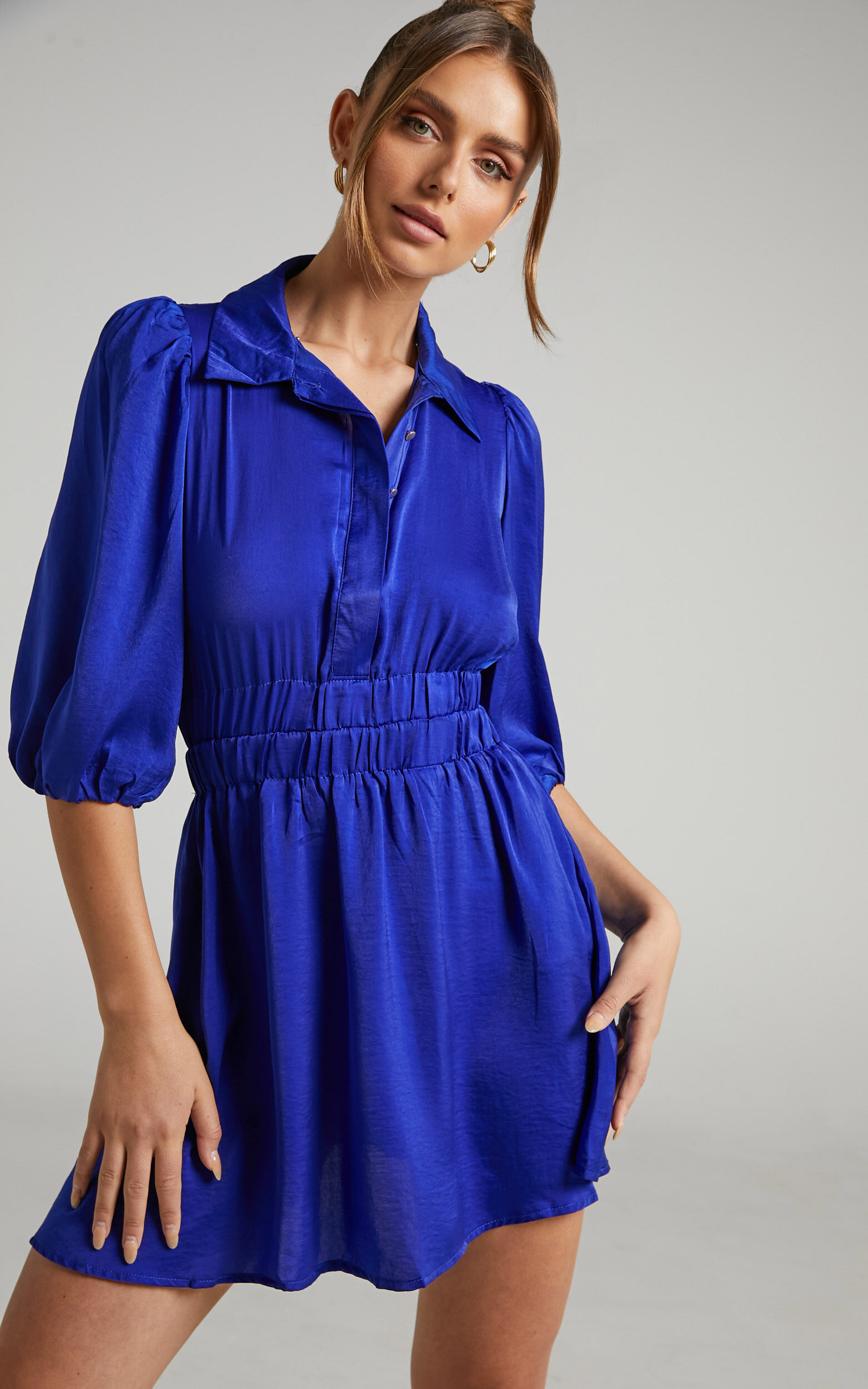 Raicy Collared Shirred Waist Mini Dress in Blue - 04, BLU2, super-hi-res image number null