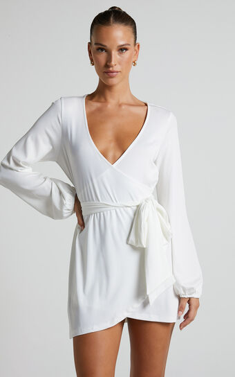 Lexina Long Sleeve Wrap Centre Tie Mini Dress in Off White