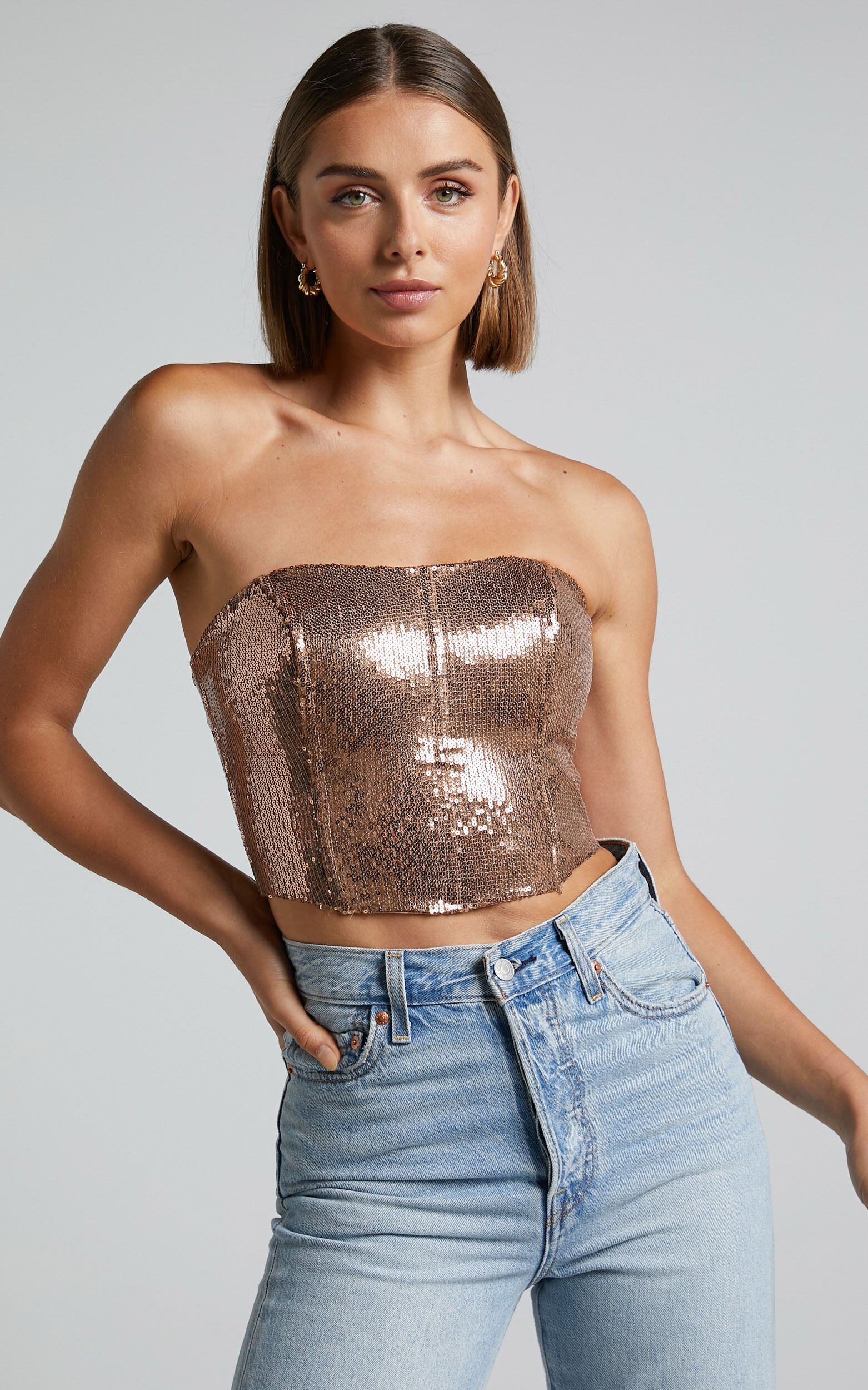 Dalphine Top - Sequin Strapless Corset Crop Top in Copper Gold - 04, GLD1, super-hi-res image number null