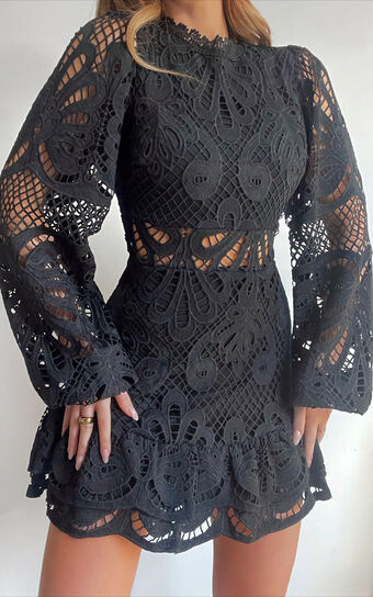 Kiss Me Now Mini Dress - Long Puff Sleeve Dress in Black Lace