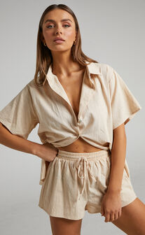 Vina del Mar Button Up Shirt and Shorts Two Piece Set in Oatmeal