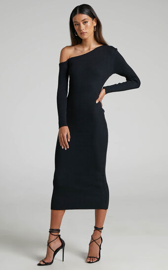 Mylane Off Shoulder Long Sleeve Knit Midi Dress in Black