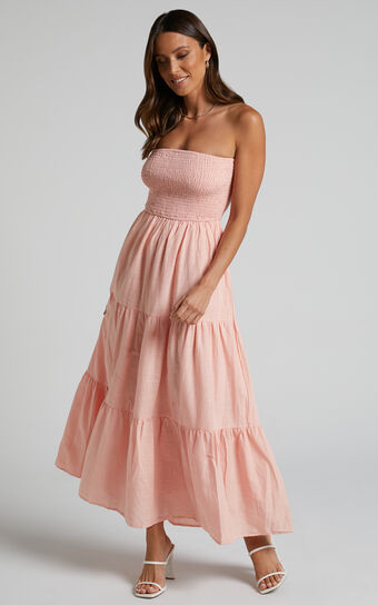 Zoe Midi Dress - Strapless Shirred Bodice Tiered Dress in Peach
