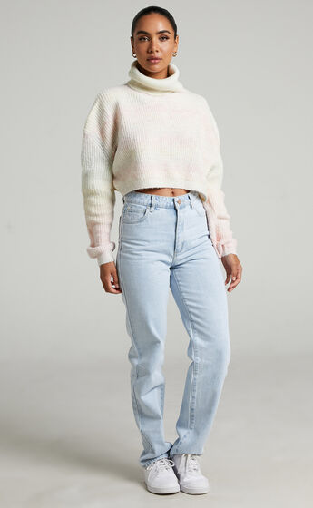 Maureen Cropped Turtle Neck Knit Sweater in Pink Multi