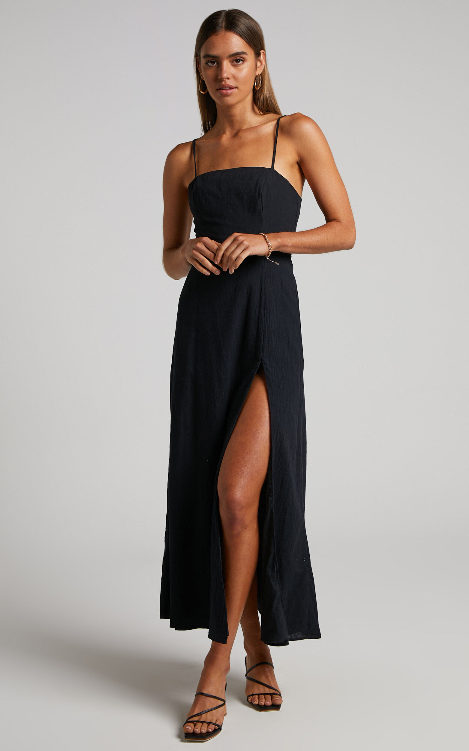 Marsha Midaxi Dress - High Split Slip Dress in Black - 14, BLK1