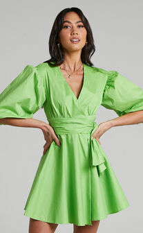 Zyla Puff Sleeve Wrap Mini Dress in Green