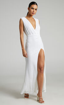 Karmen Midi Dress - Long Sleeve Split Diamante Mesh Dress in White