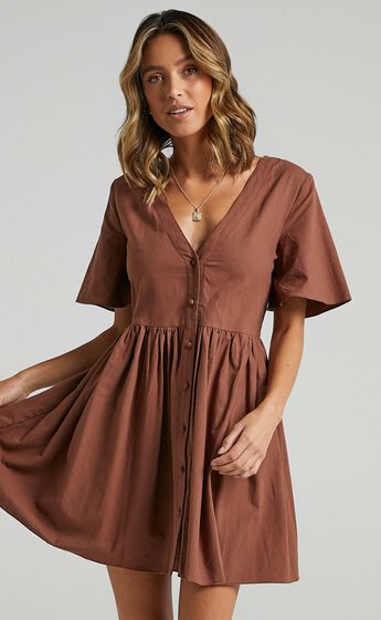 Staycation Smock Button Up Mini Dress in Chocolate